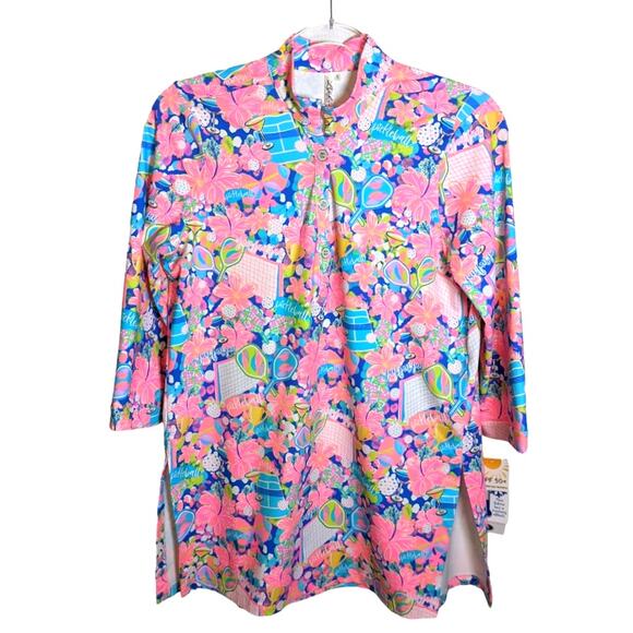 LuLu B Pickleball Print Bright 3 Button Top Cooling Fabric UPF 50 Stretch NWT S - Picture 1 of 10